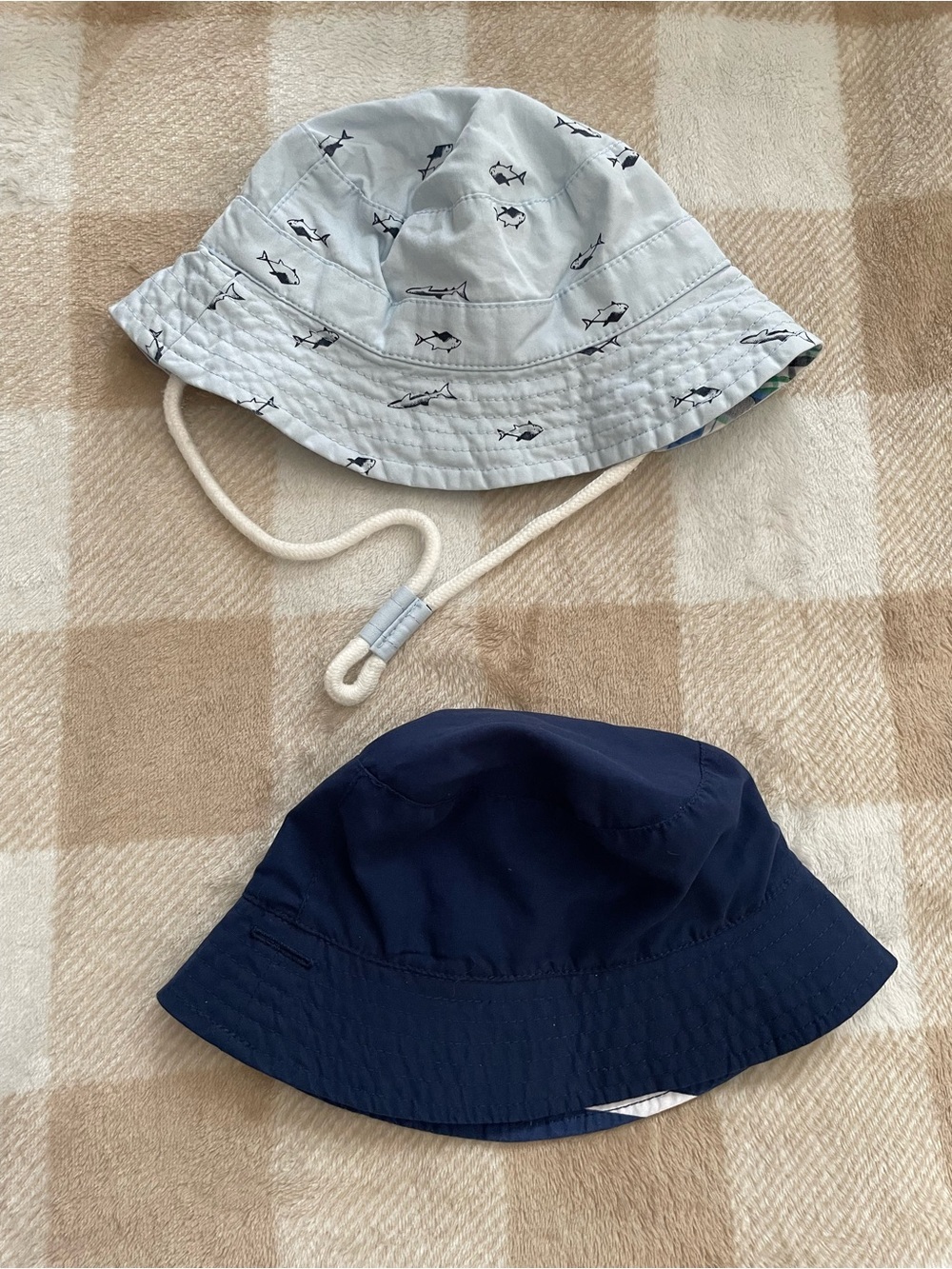Set of two baby hats Reversible Kids Bucket Hat Navy & Light Blue Shark Print